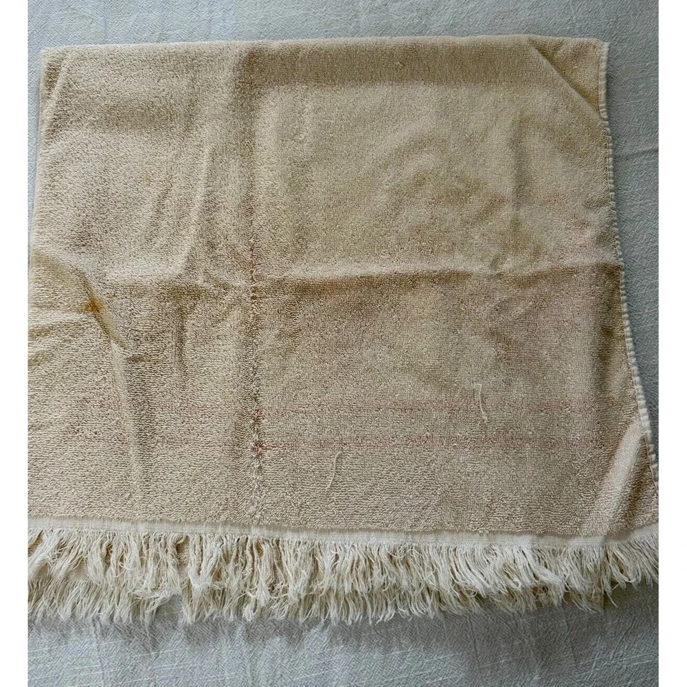 Vintage Bath Towel Cream Rust Gold Orange Southwest Aztec Print Retro Fringe